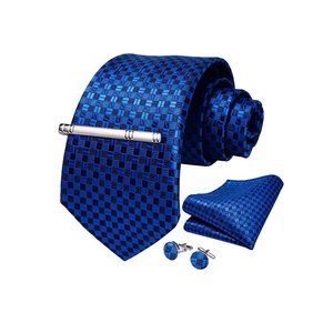 Men's Silk Tie + Pocket Square + Cufflinks + Tie Clip 4 Piece Set
